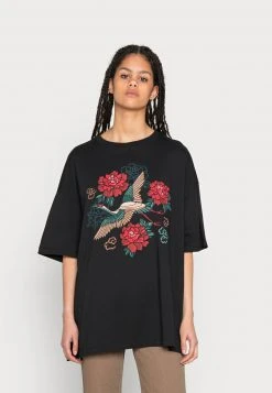 Even&Odd Mujer TATTI CRANE AND FLOWERS TEE - Camiseta Estampada - Black