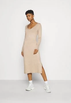 Even&Odd Mujer KNIT MAXI V NECK DRESS WITH SLIT - Vestido De Punto - Camel
